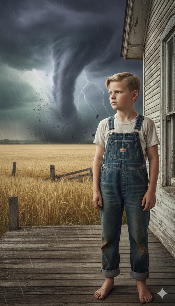 A barefoot boy stands on a porch with a tornado and lightning storm behind him.