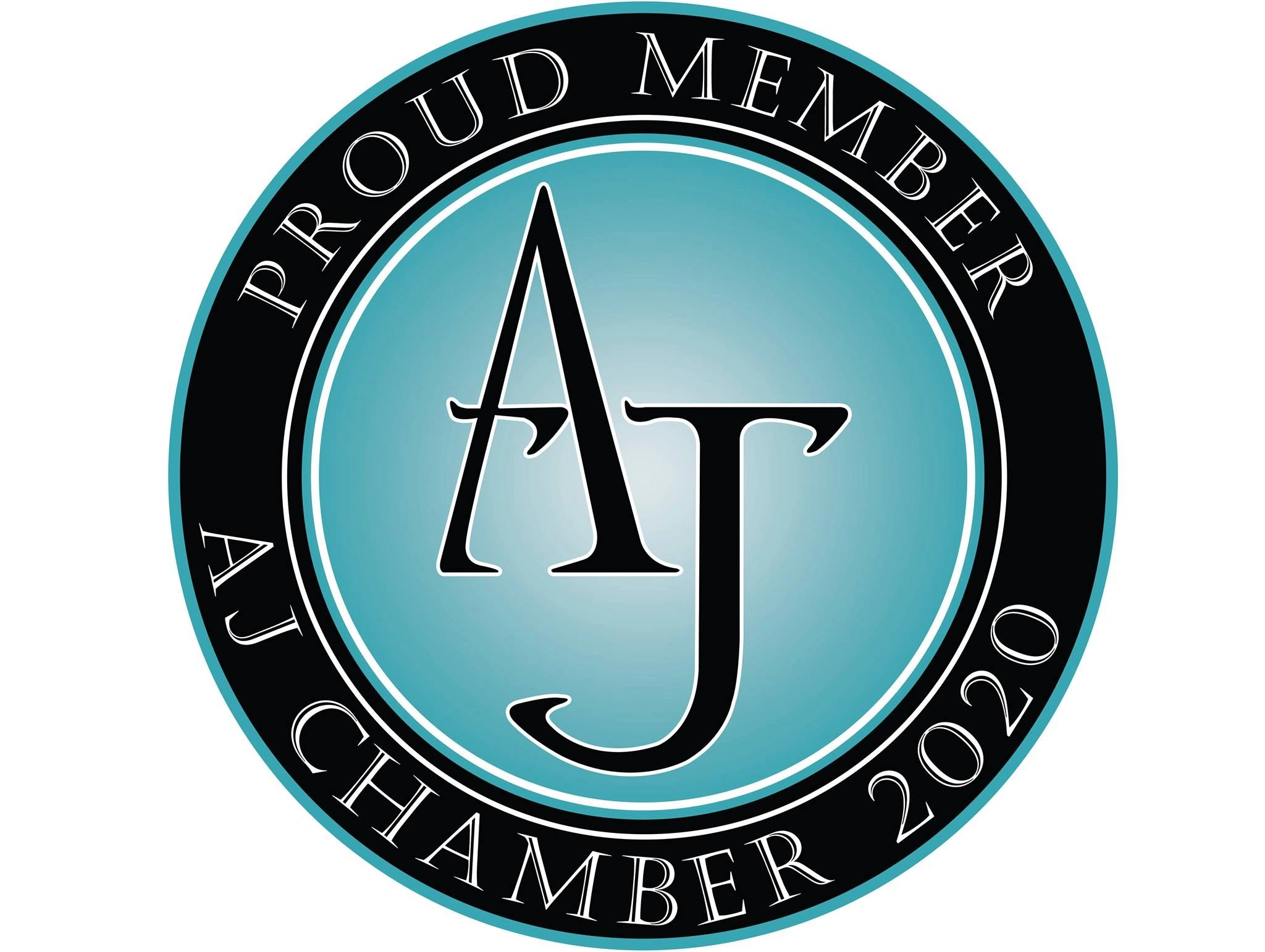 Proud member badge of AJ Chamber 2020 with black and teal design.