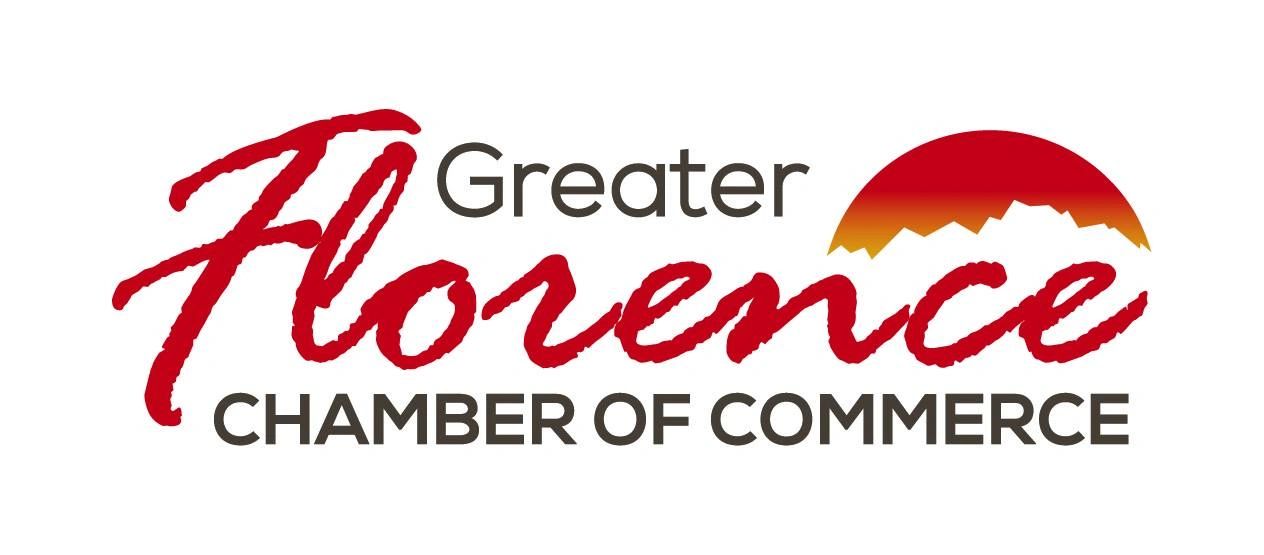 Logo of Greater Florence Chamber of Commerce with red and black text and a mountain sun graphic.
