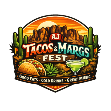 Logo for AJ Tacos &amp; Margs Fest event with taco and margarita images.