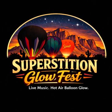 Superstition Glow Fest logo with hot air balloons and mountains.