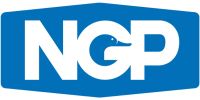 Logo with white letters 'NGP' on a blue background.
