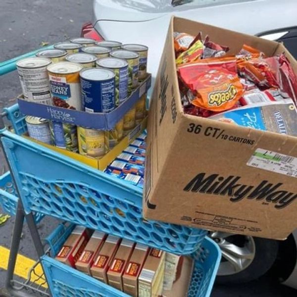 Shopping cart filled with canned goods, snacks, and boxed items.
