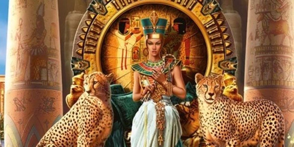 A regal queen with cheetahs in an ancient Egyptian throne room.