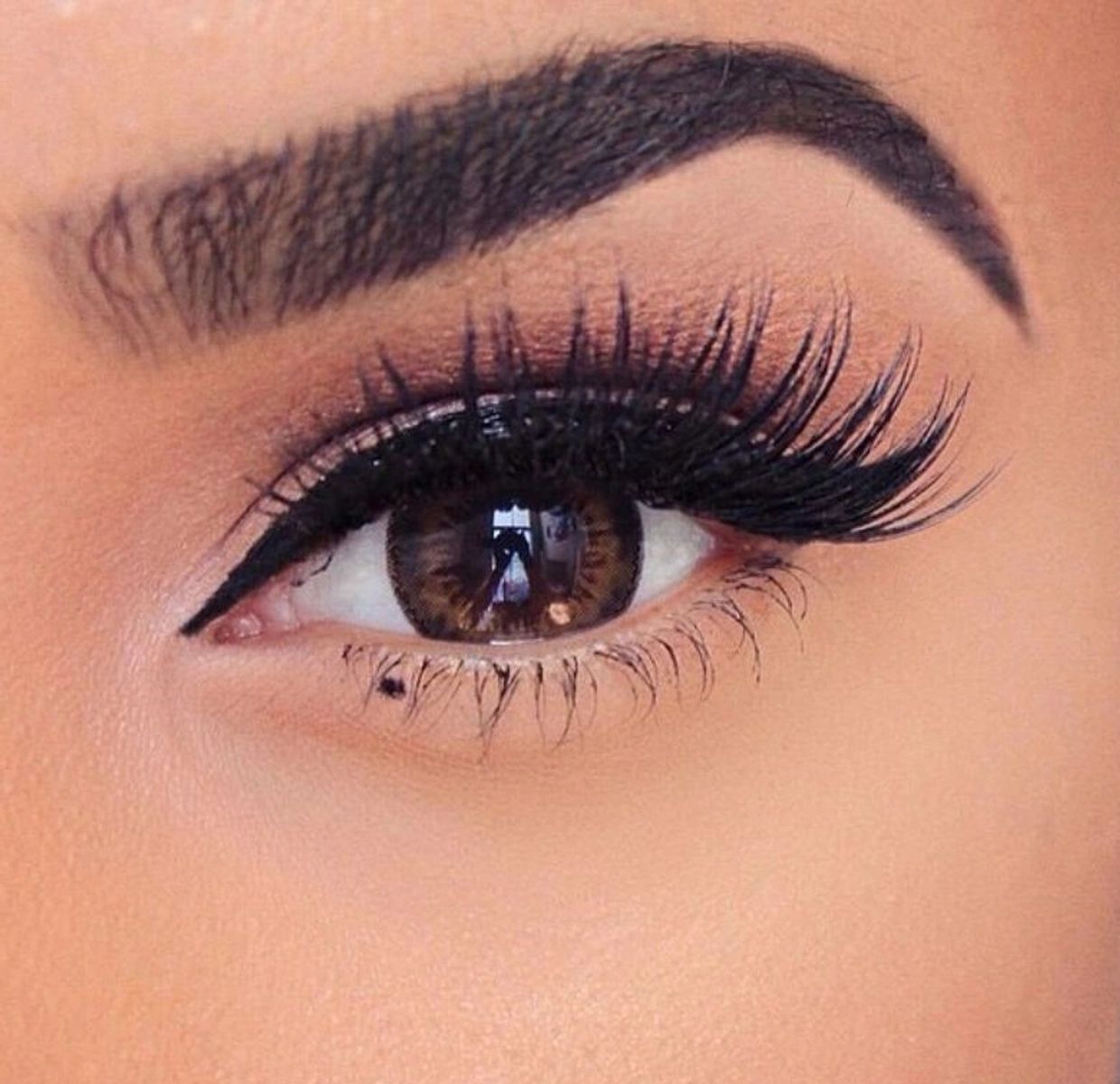 Close-up of an eye with dramatic makeup and long eyelashes.