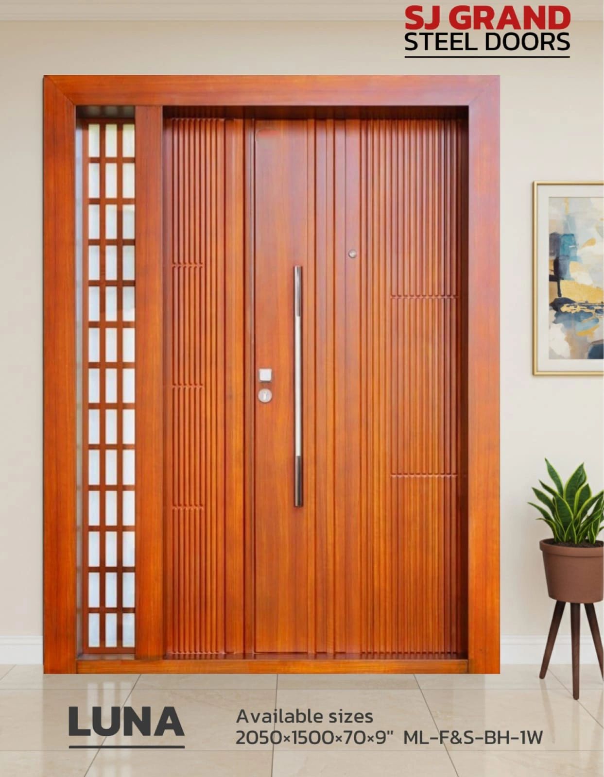 Modern wooden steel door with side window by SJ Grand.