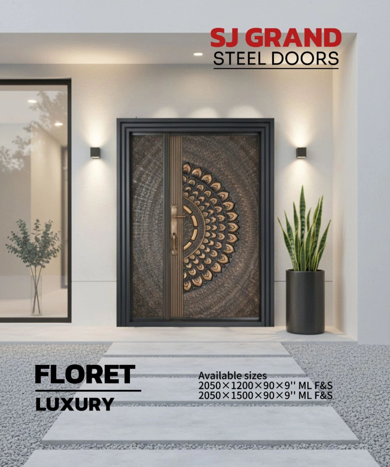 Luxury steel door with intricate floral design at entrance.