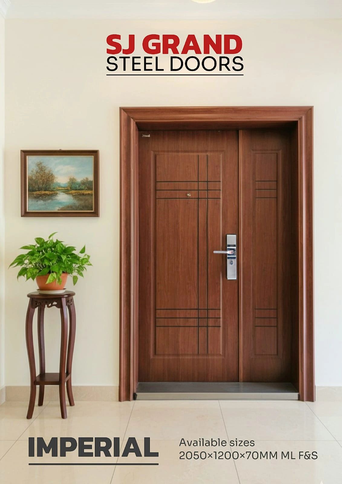 Wooden steel door with a plant and painting beside it.