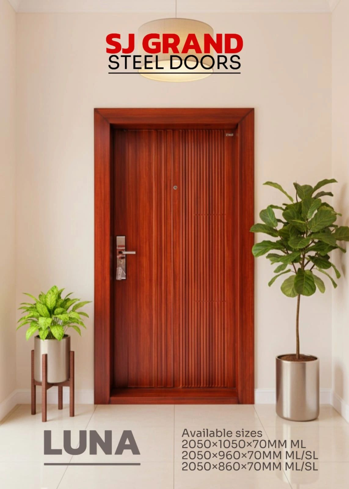 Modern wooden door with plants and text branding.