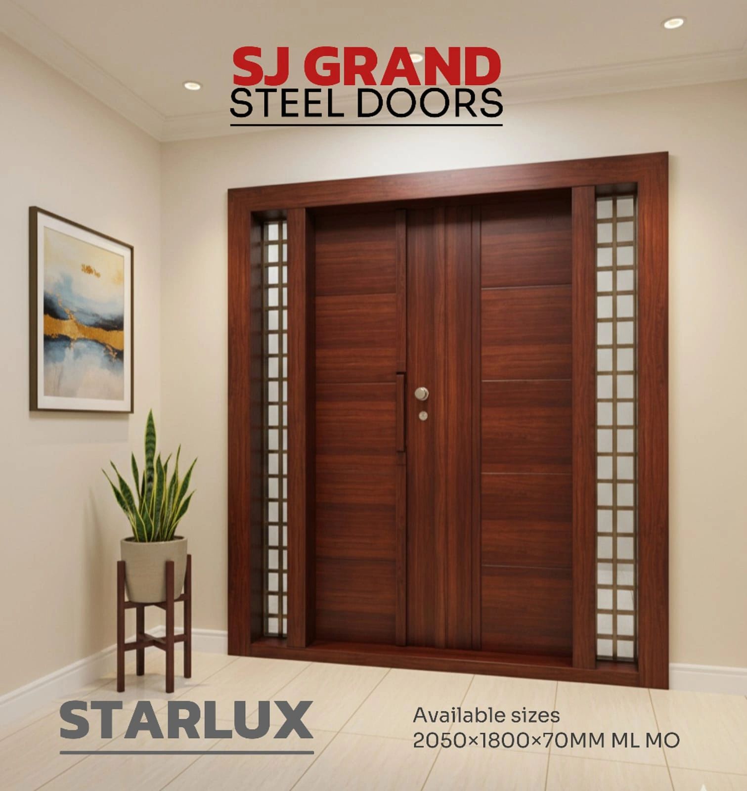 Modern steel door by SJ Grand with decorative side panels.