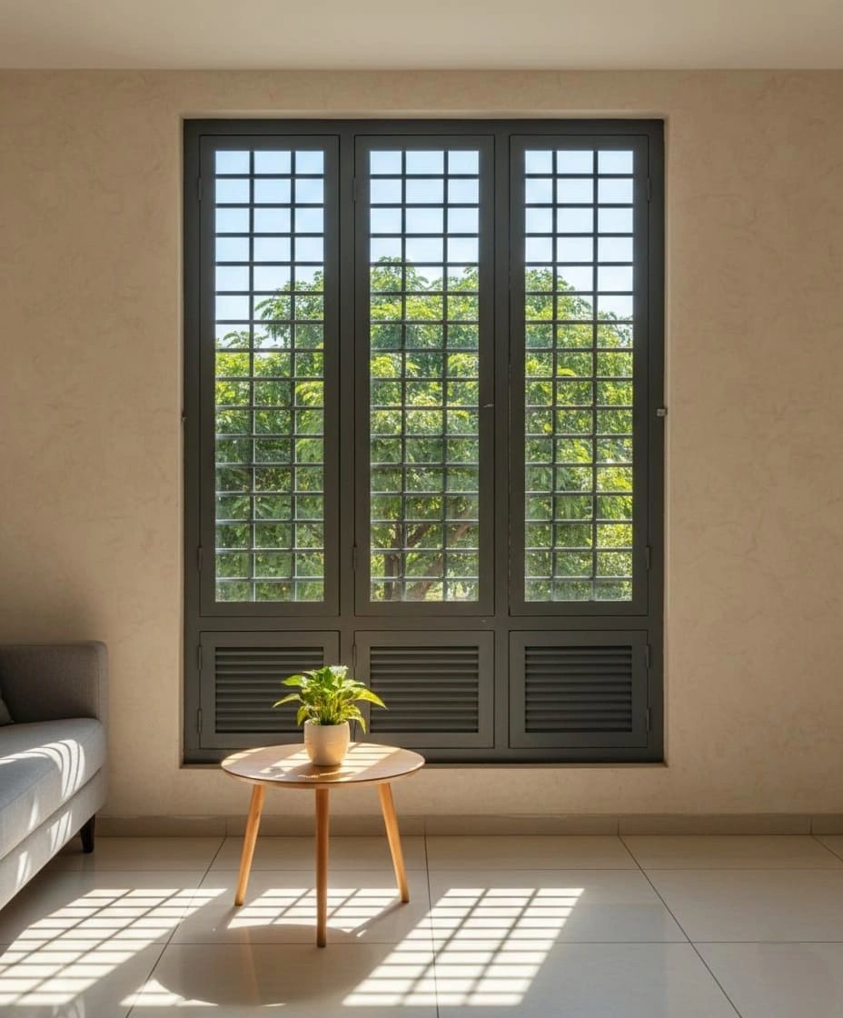 Sunlit room with a window, plant, and sofa.