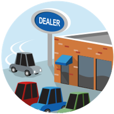 Illustration of a car dealership with multiple colorful cars parked outside.