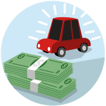 Red car above stacks of money symbolizing car purchase or financing.