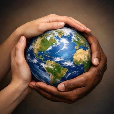 Hands of different races holding a globe, symbolizing unity and care for Earth.