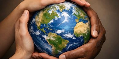 Hands of different races holding a globe, symbolizing unity and care for Earth.