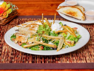 Grilled chicken salad with tortilla chips and toast.