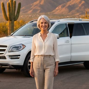 Confident woman standing in front of a white SUV in a desert setting.
