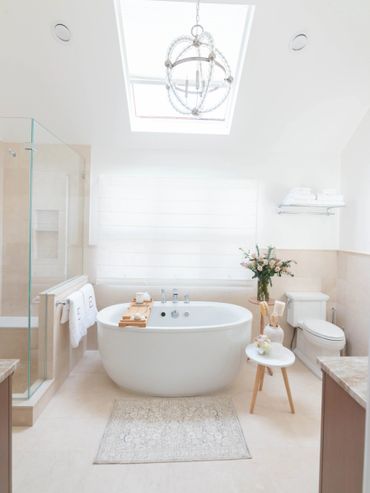 Bright, modern bathroom with a freestanding tub and skylight.