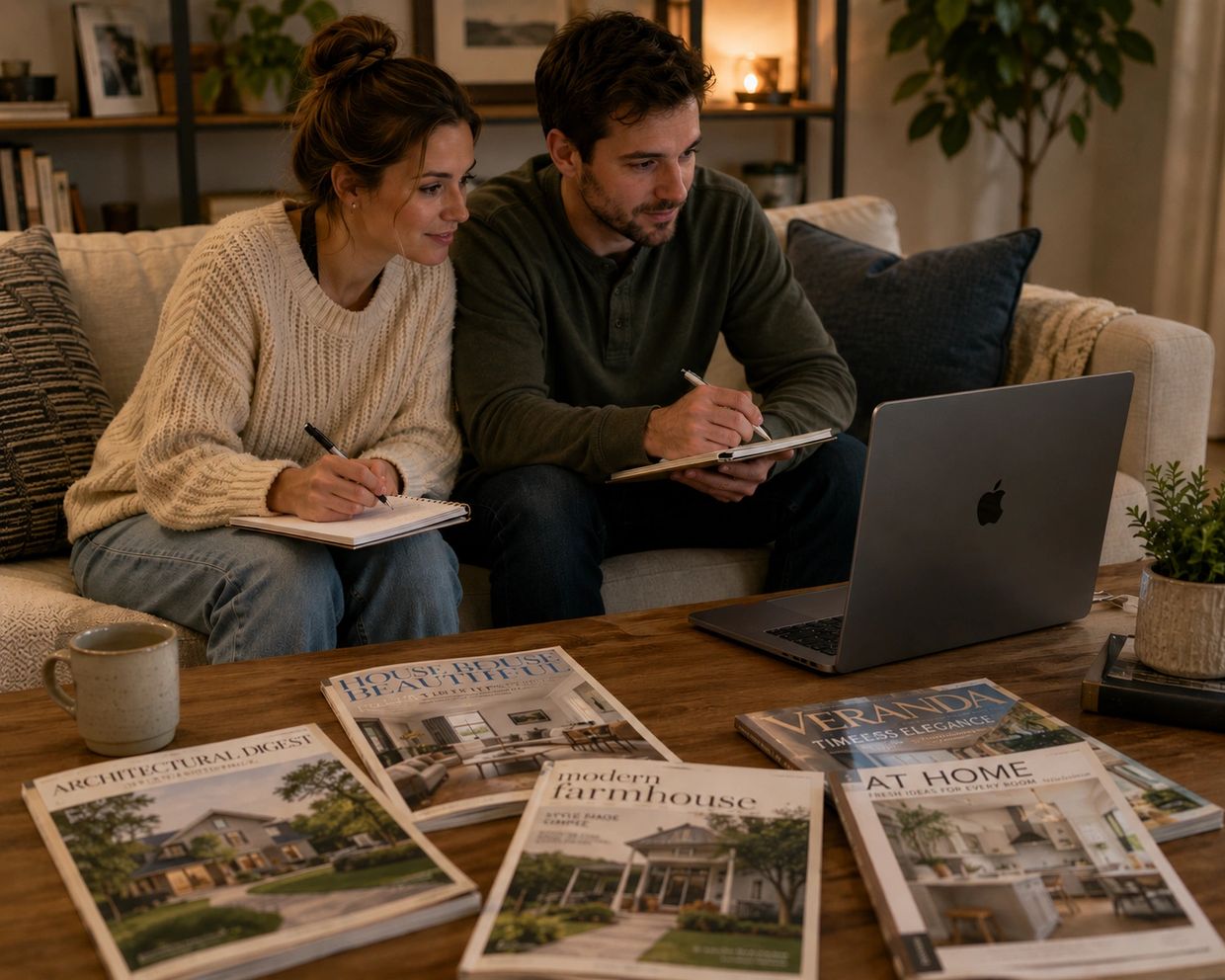 Couple taking notes while browsing home design ideas on laptop and magazines.