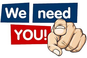 Illustration of a hand pointing with text saying 'We need YOU!'.