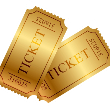 Two shiny golden event tickets with serial numbers.