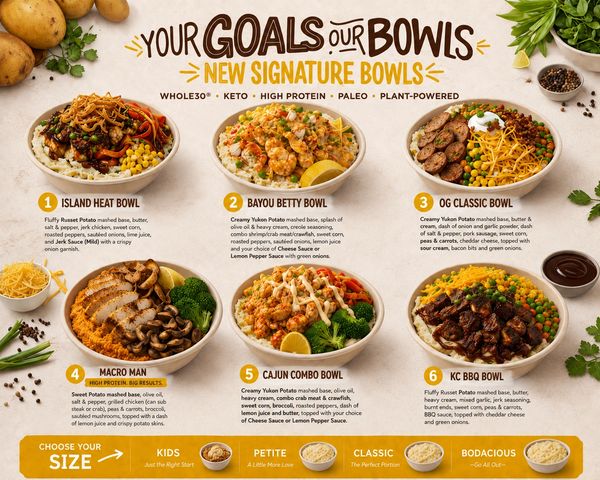 Menu showcasing six new signature bowls with detailed descriptions and ingredients.
