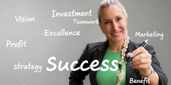 Businesswoman pointing with success-related words around her.