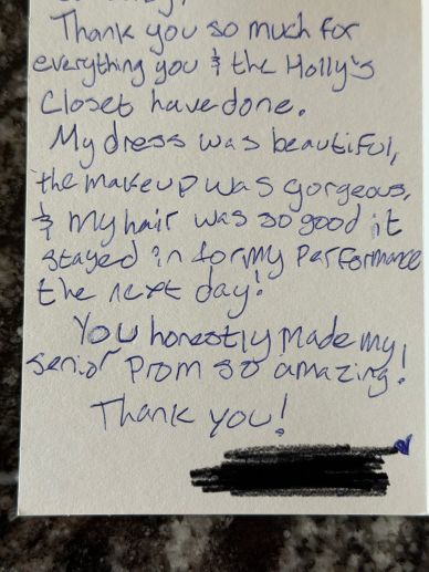 Handwritten thank-you note praising prom preparations by Holly's Closet.