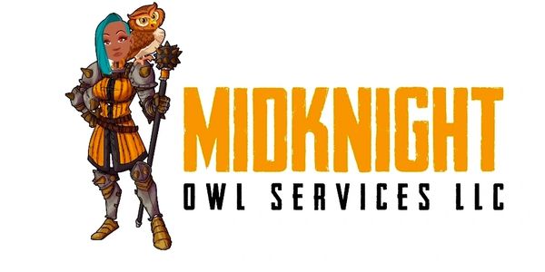 Warrior woman with owl and bold text "MIDKNIGHT OWL SERVICES LLC".