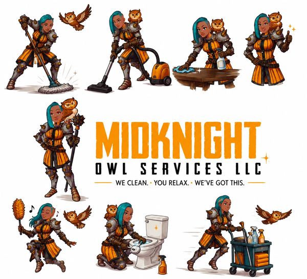 Knight-themed woman cleaning with owl mascot for Midnight Owl Services LLC.