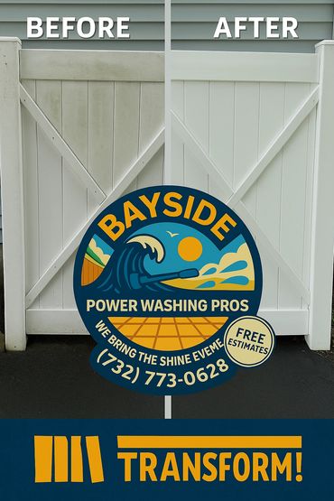Vinyl fence cleaning in Toms River, NJ. See the before and after—algae, dirt, and mildew removed. 