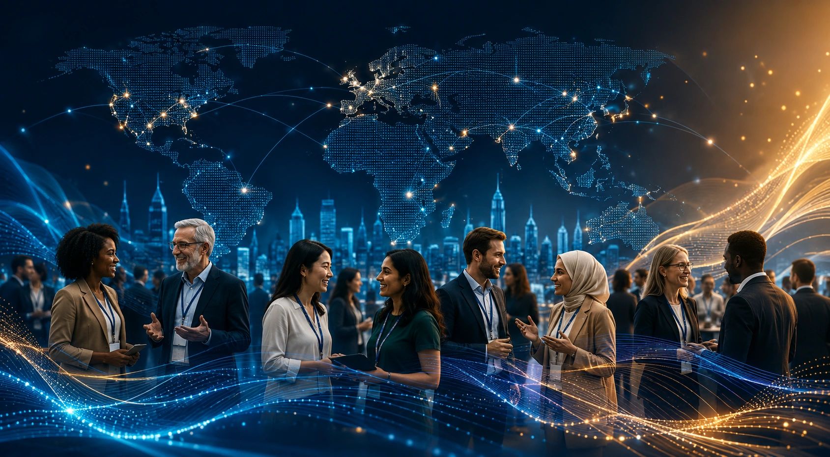 Diverse professionals networking with global connections backdrop.