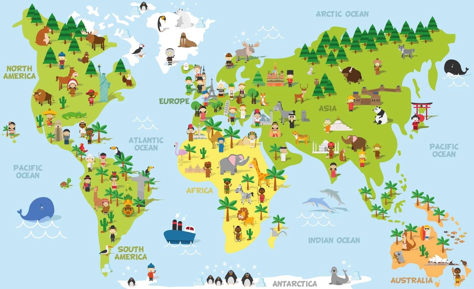 Colorful world map with animals and cultural icons on each continent.