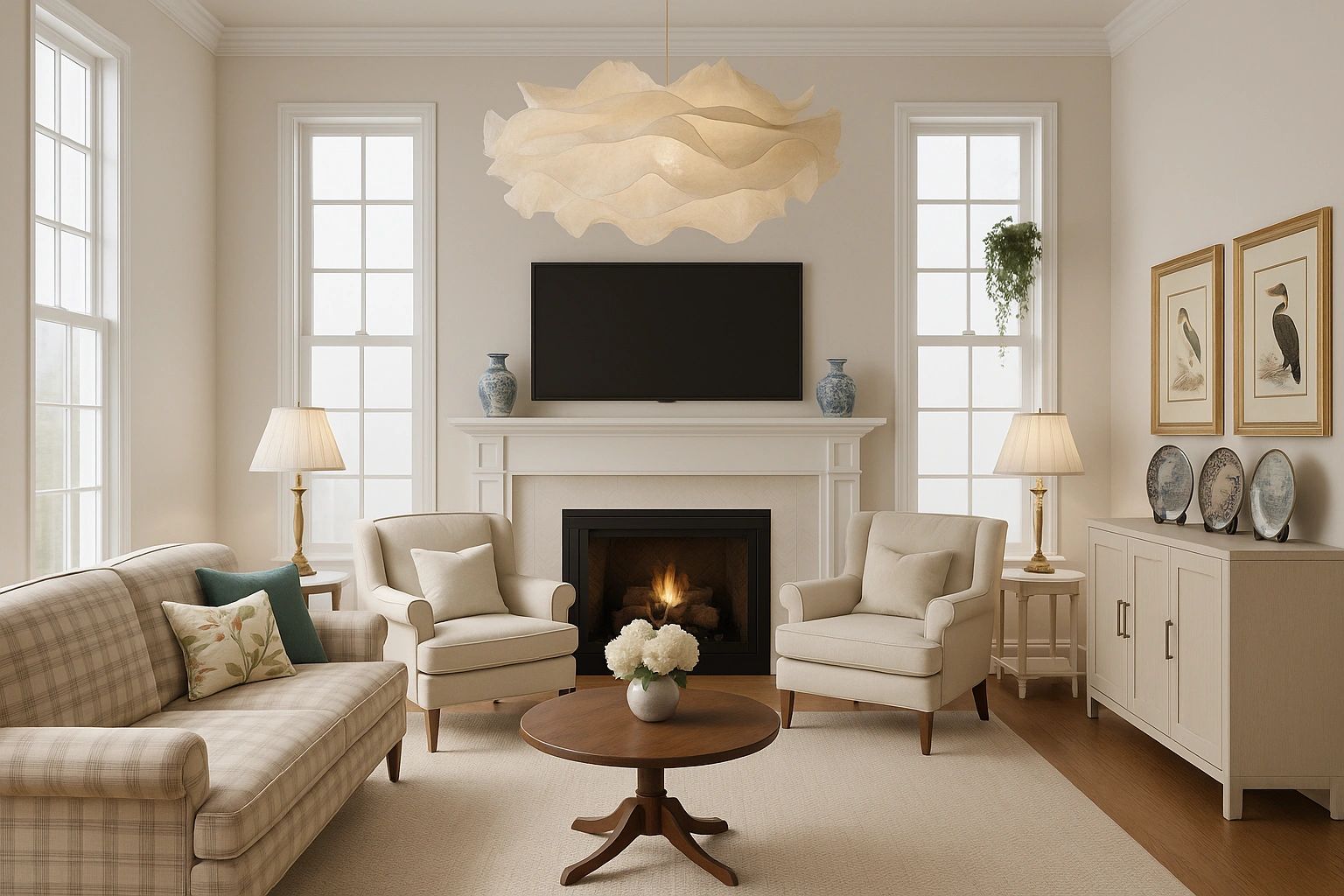 Bright and welcoming living room styled by Christine Pryor Designs. Soft neutrals, sculptural lighti