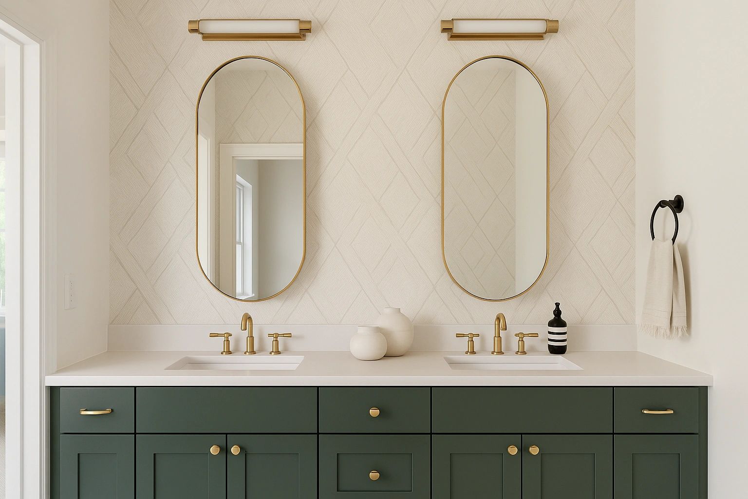 Grounded in rich green cabinetry and warm brass, this bathroom evokes calm luxury.