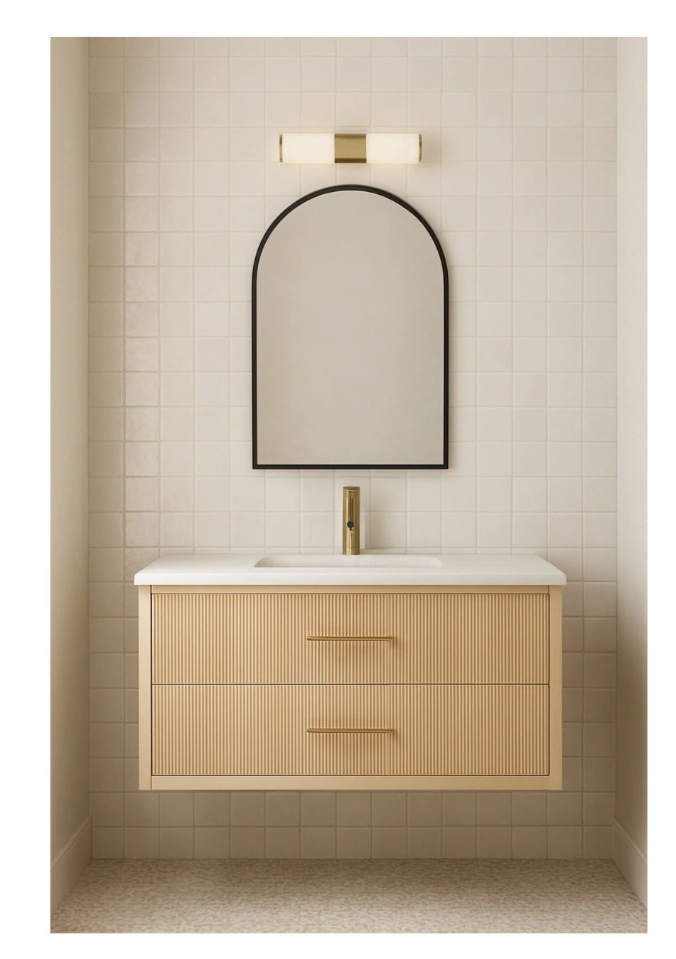 Modern bathroom design with fluted oak vanity, arched mirror, and white square-tile backsplash by Ch