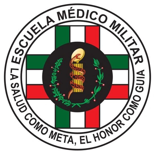Logo of Escuela Médico Militar with Mexican colors and medical symbols.