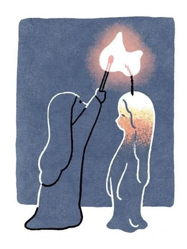 A figure lights a candle shaped like a person, symbolizing enlightenment or awakening.