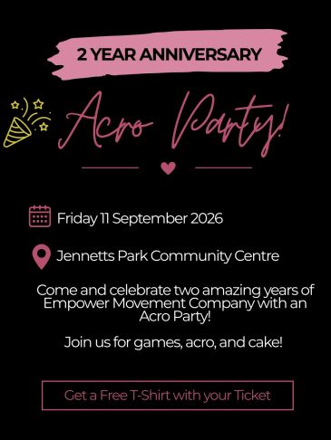 2 Year Anniversary Acro Party celebration graphic.