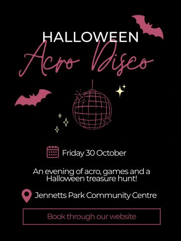 Halloween Acro Disco event flyer with bats and disco ball.