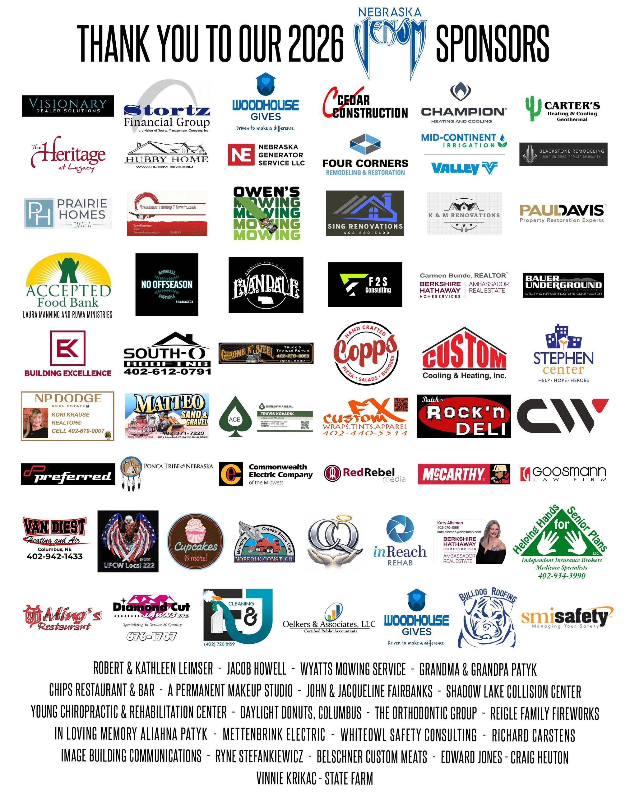 Logos of Nebraska Venom 2026 sponsors arranged in a thank-you collage.