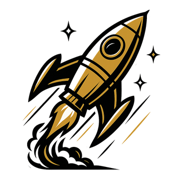 Stylized gold rocket launching into space with stars.