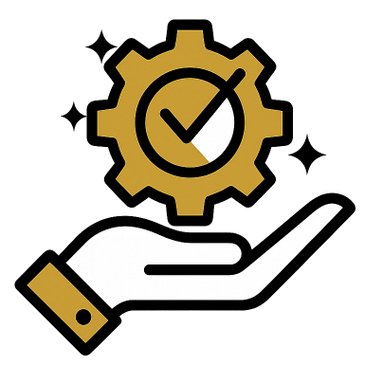 Hand holding gear with check mark symbolizing quality assurance.