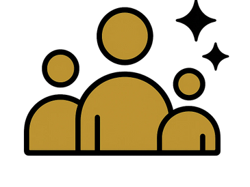 Golden icon of three people with sparkles, symbolizing teamwork or community.