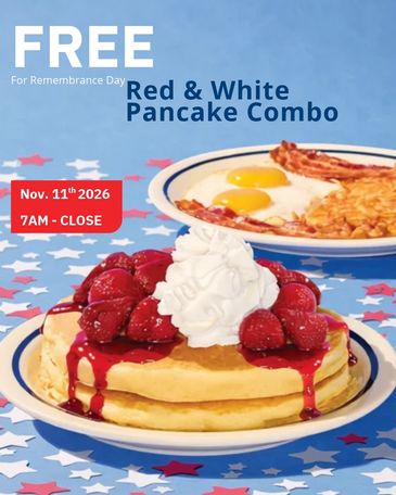 Free Strawberry Pancake Combo for active-duty military and veterans, November 11.