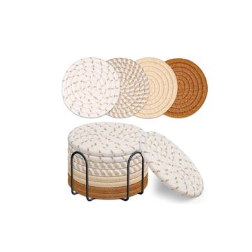 Decor and More 8 Pcs Drink Coasters with Holder, Boho Styles, 4 Colors Absorbent Coasters for Drinks