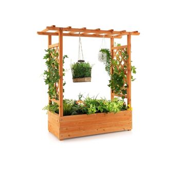 Safstar Raised Garden Bed with Arch Trellis, Wood Planter Box with Hanging Roof, Side Trellis, 4 Dra