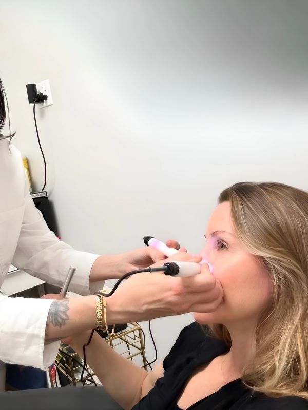 A woman receiving a facial treatment with a handheld device in a clinical setting.