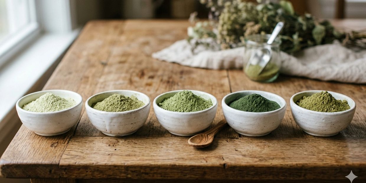 Five bowls of green powders arranged on a wooden table near a window.