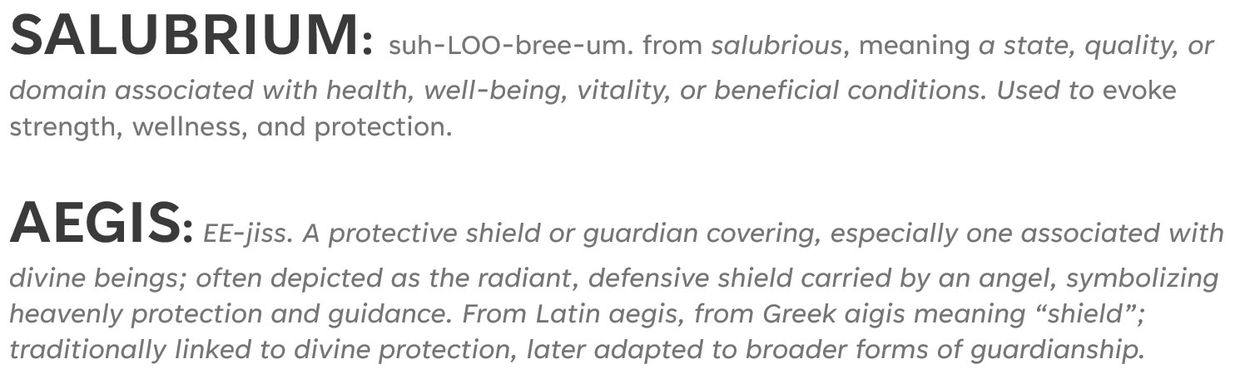 Definitions of 'Salubrium' and 'Aegis' highlighting health and protection.